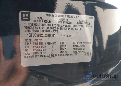 2008 GMC Sierra 1500 Sle1 из США, поврежденный, VIN 1GTEC19J28Z319504